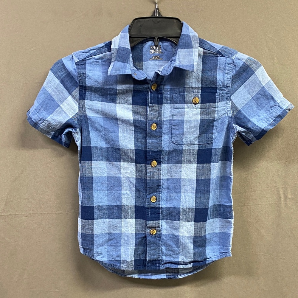 Falls Creek Blue Plaid Boys Kids Short Sleeve Button Up Shirt Size S(6/7)